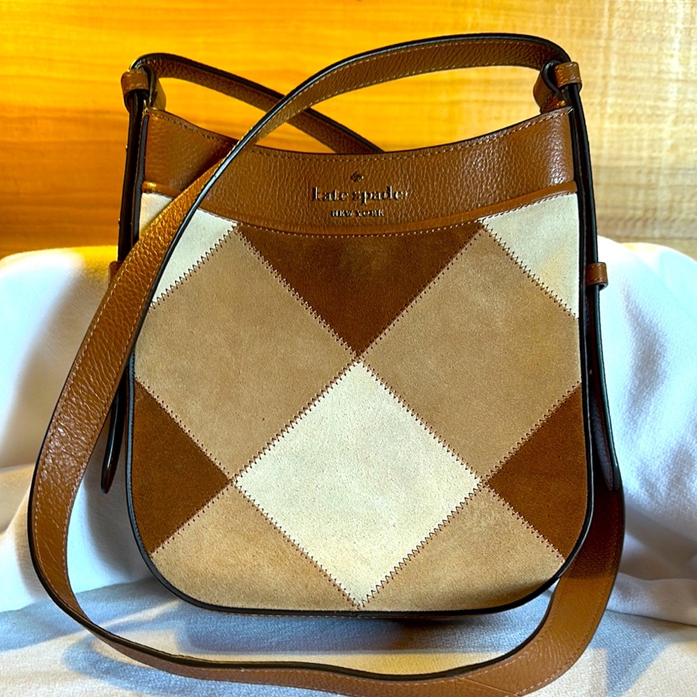 👜EUC Kate Spade Leila Suede Patchwork Gingerbread Crossbody Purse